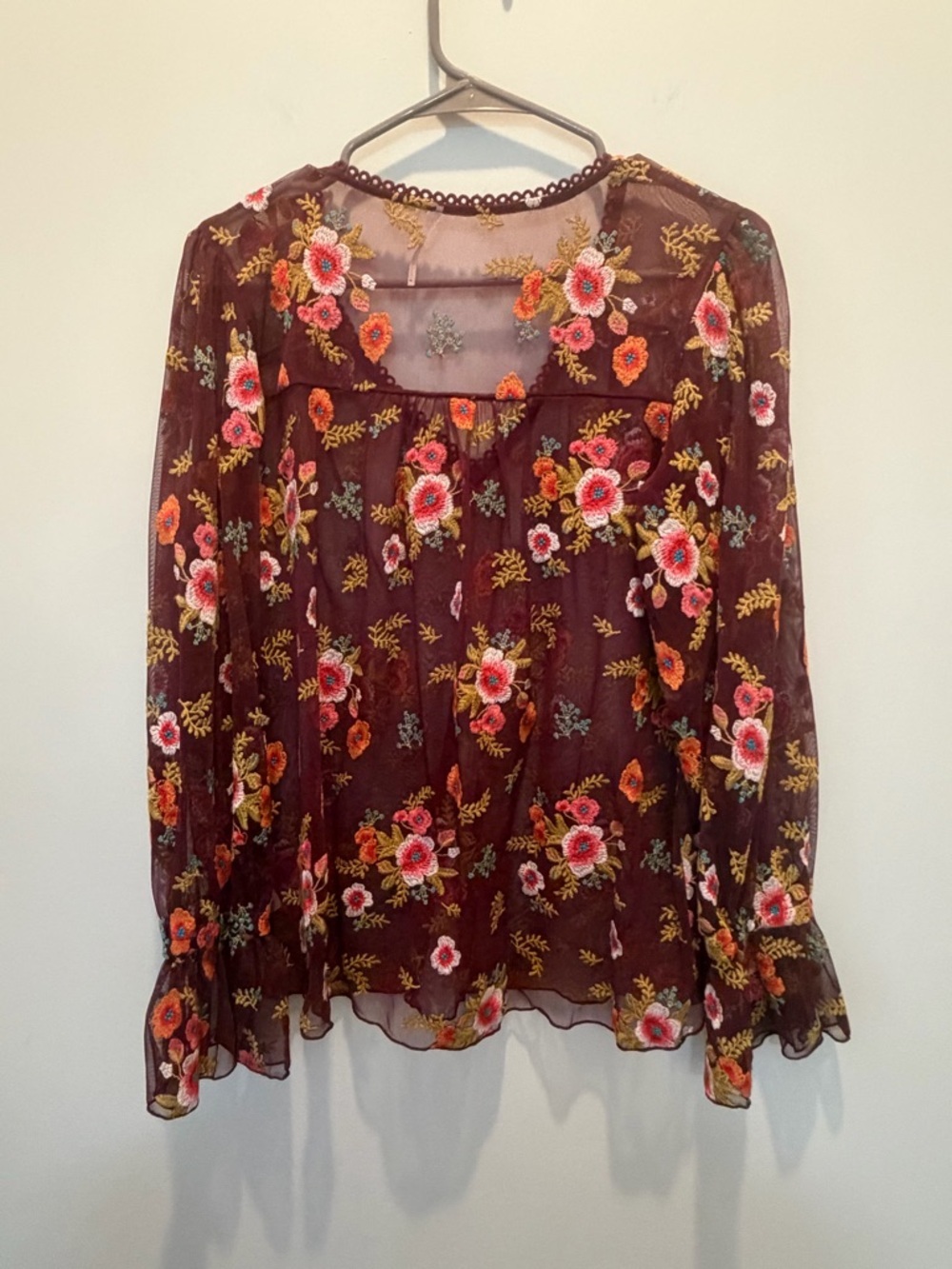 Anthropologie Plum Sheer Floral-Embroidered V-Neck Blouse - Picture 4 of 6
